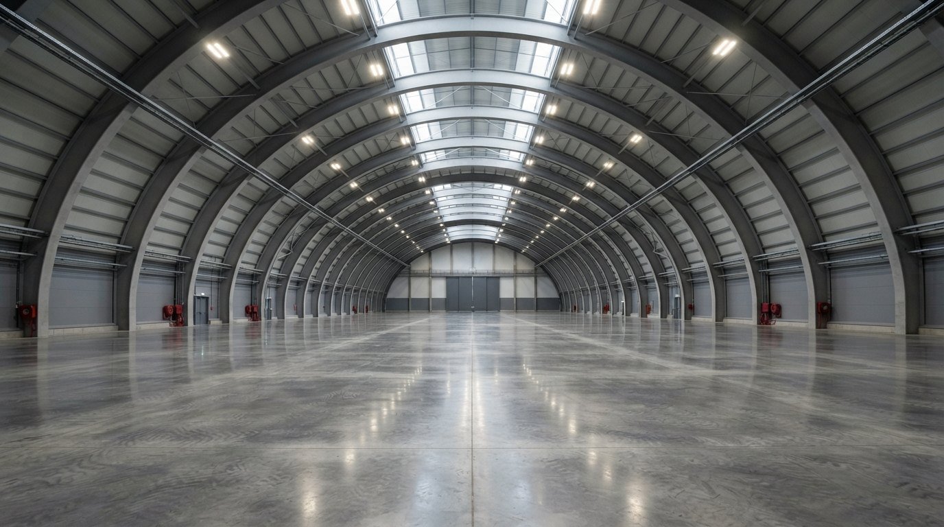 Interior com vão livre amplo sem colunas de galpão em arco autoportante logístico