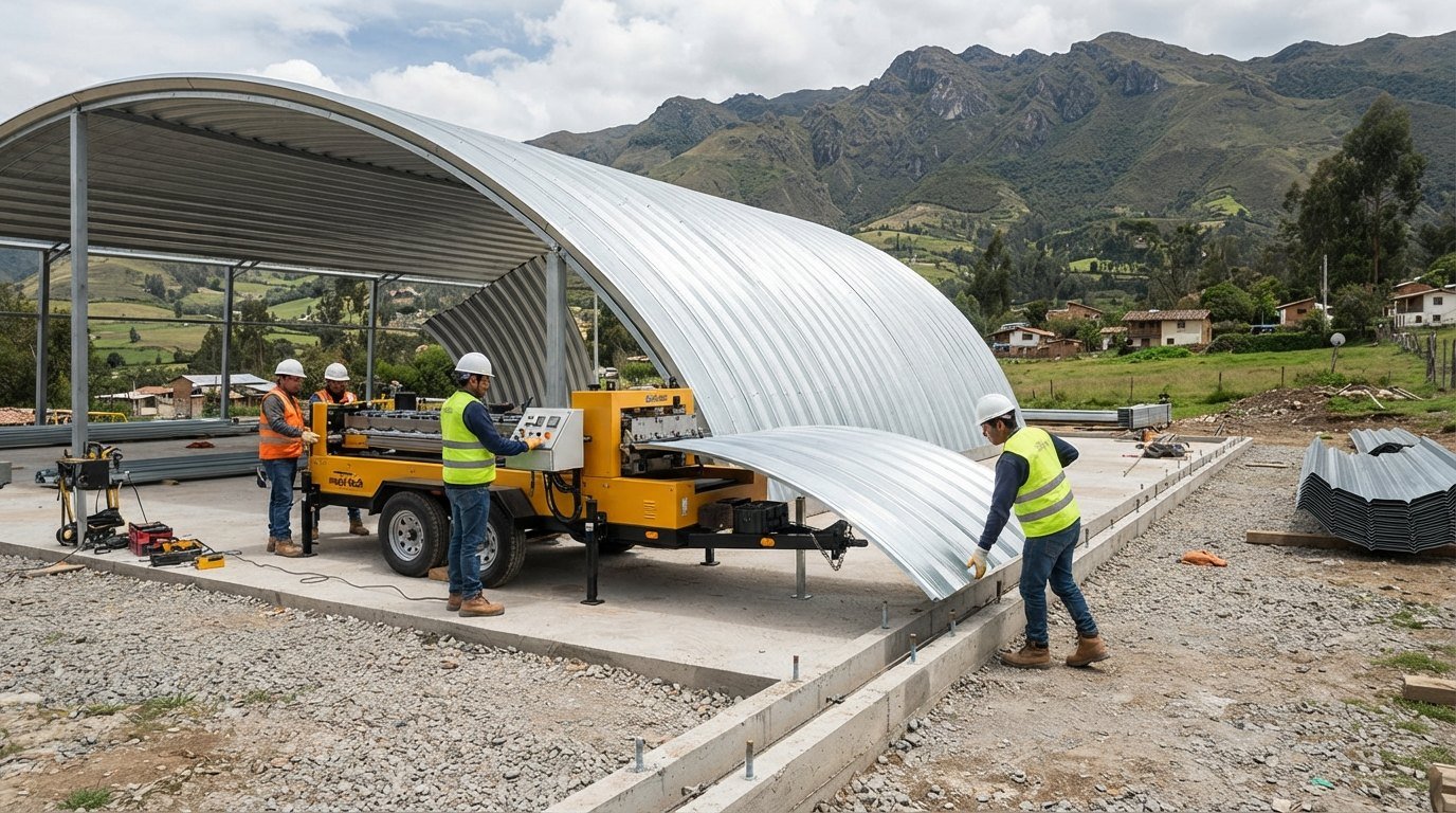Perfiladeira móvel no canteiro de obras produzindo arcos metálicos autoportantes