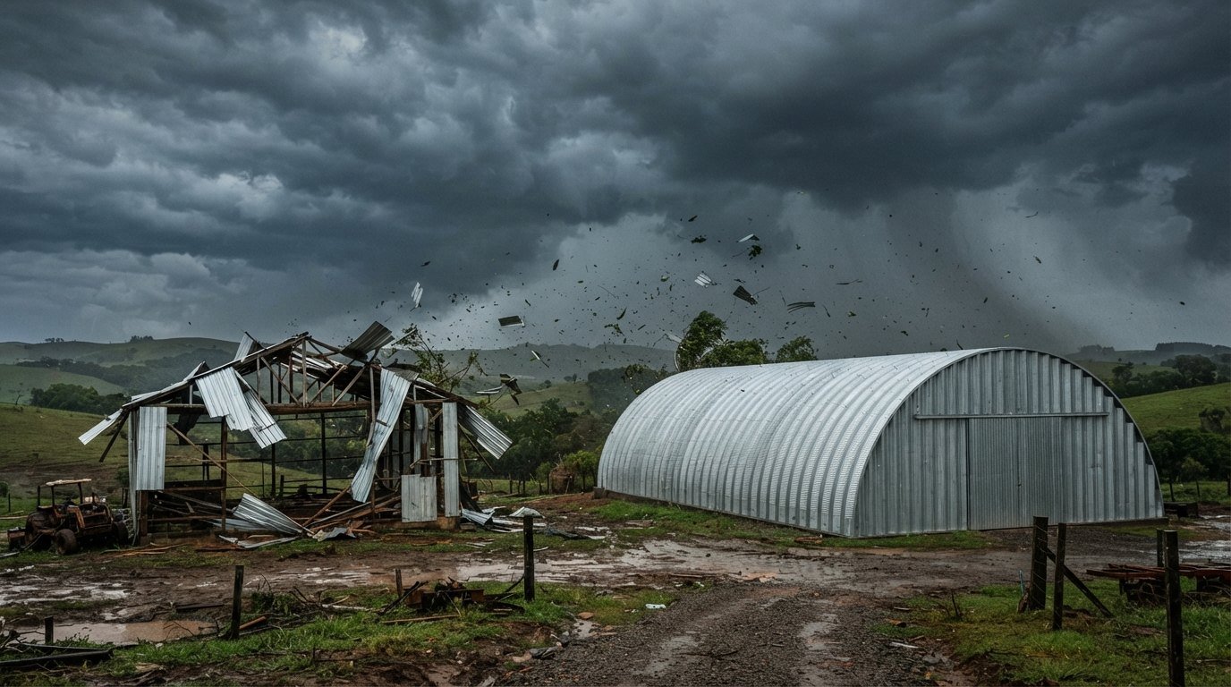Galpão autoportante em arco intacto após tempestade severa com vento forte no Sul do Brasil